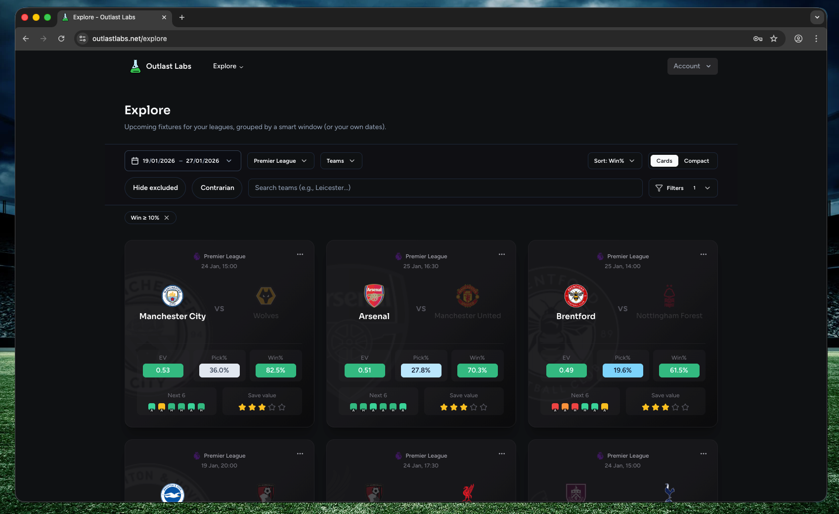 Outlast Labs dashboard showing Last Man Standing football pool analytics with Premier League fixtures, win probabilities, and pick recommendations